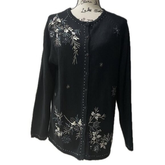 Y2K 90’s TIARA INTERNATIONAL CARDIGAN SWEATER KNITTED BLACK EMBROIDERED Sz M - Picture 1 of 16